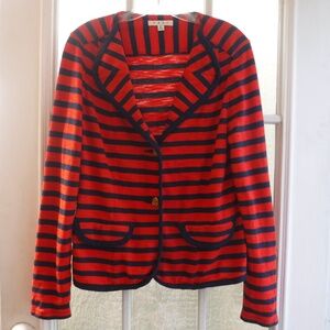 CAbi Red/Navy Blue Striped Long Sleeve Button Up Collared Jacket